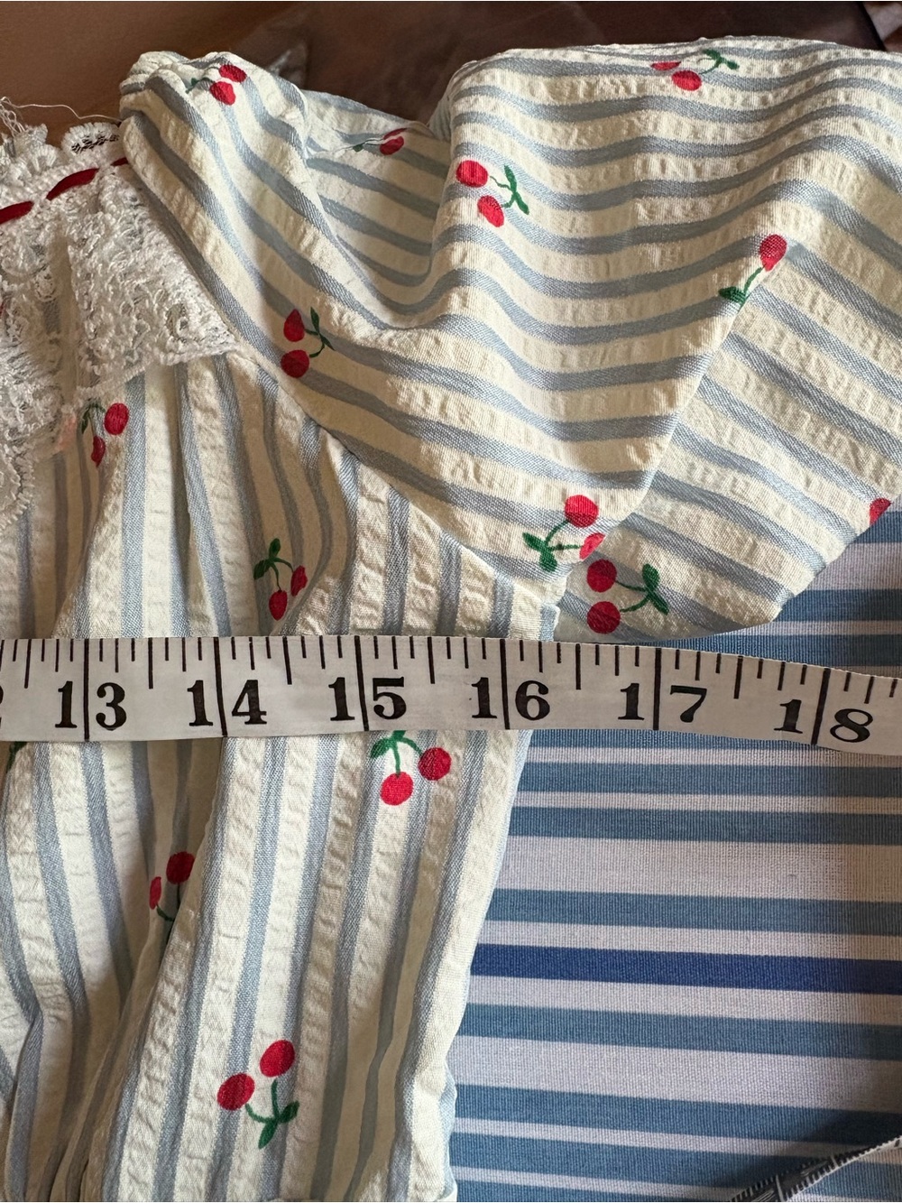 Vintage-Inspired White & Light Blue Striped with Cherries and Ribbon Tie - Picture 9 of 11